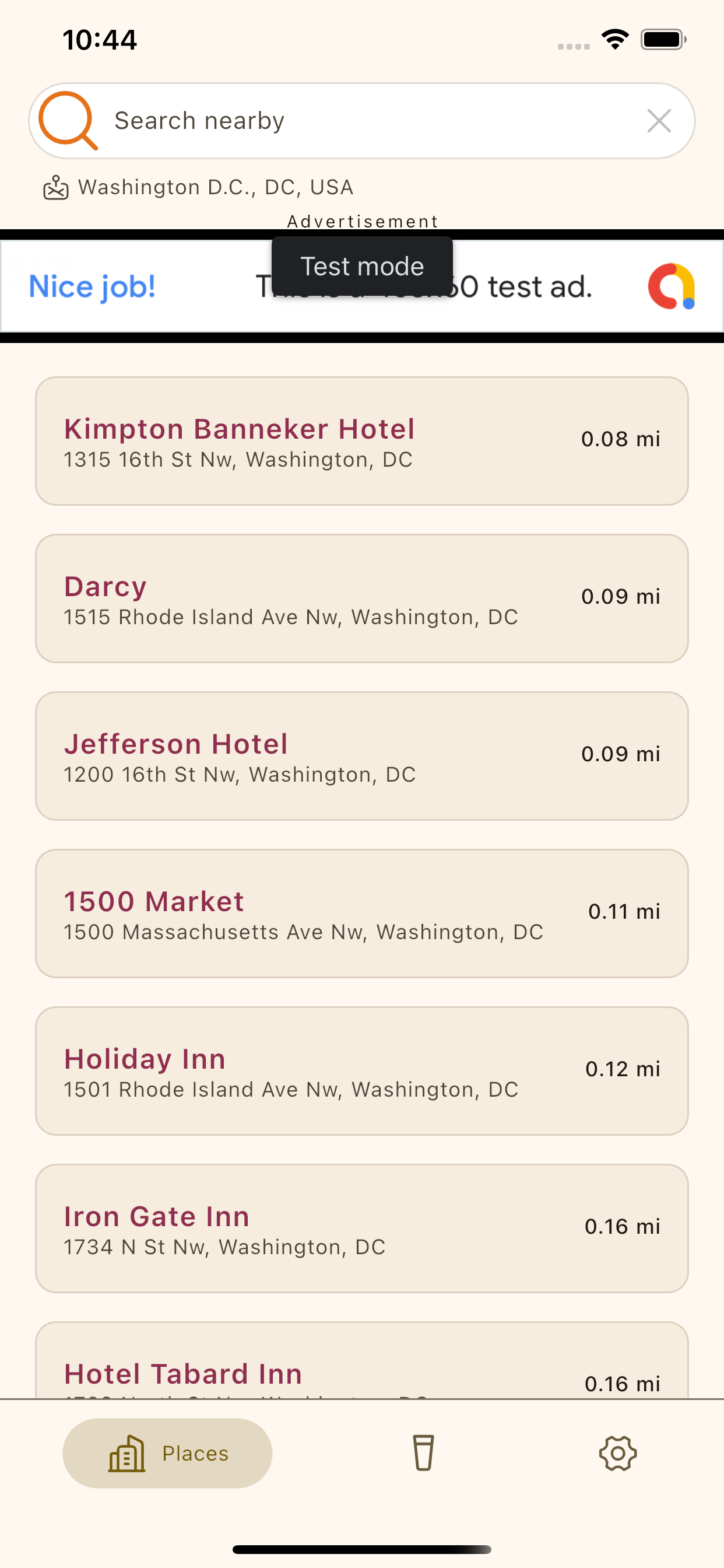 List of nearby places serving craft beer, with distance and address for each
