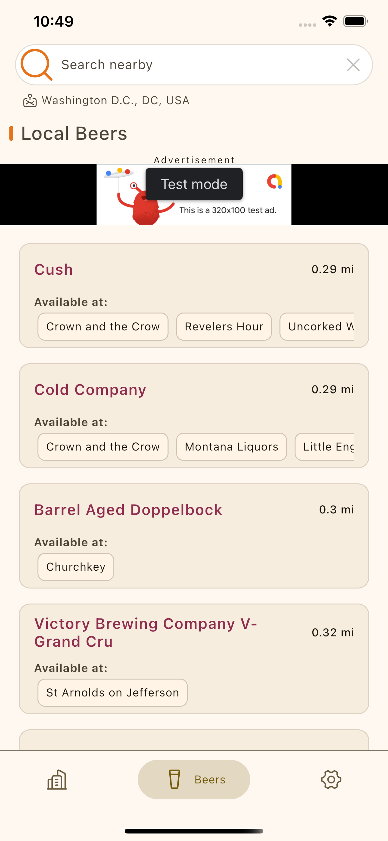 Search results showing specific beers available nearby
