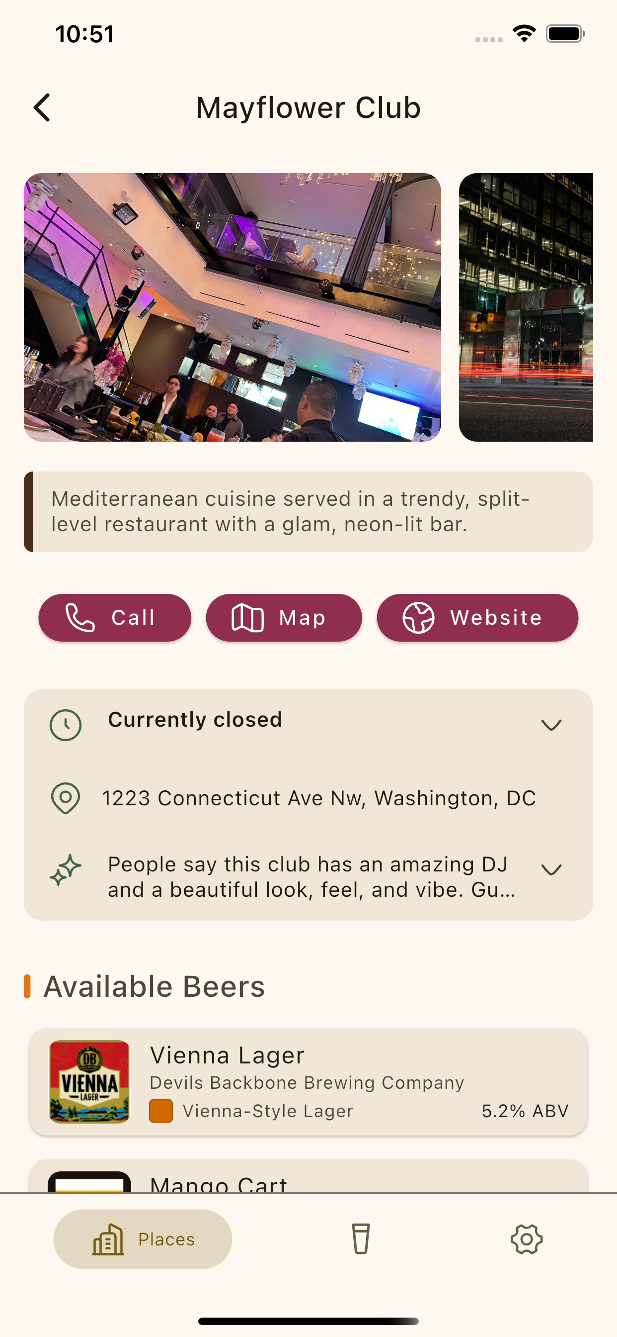 Venue detail page showing hours, address, and available beers