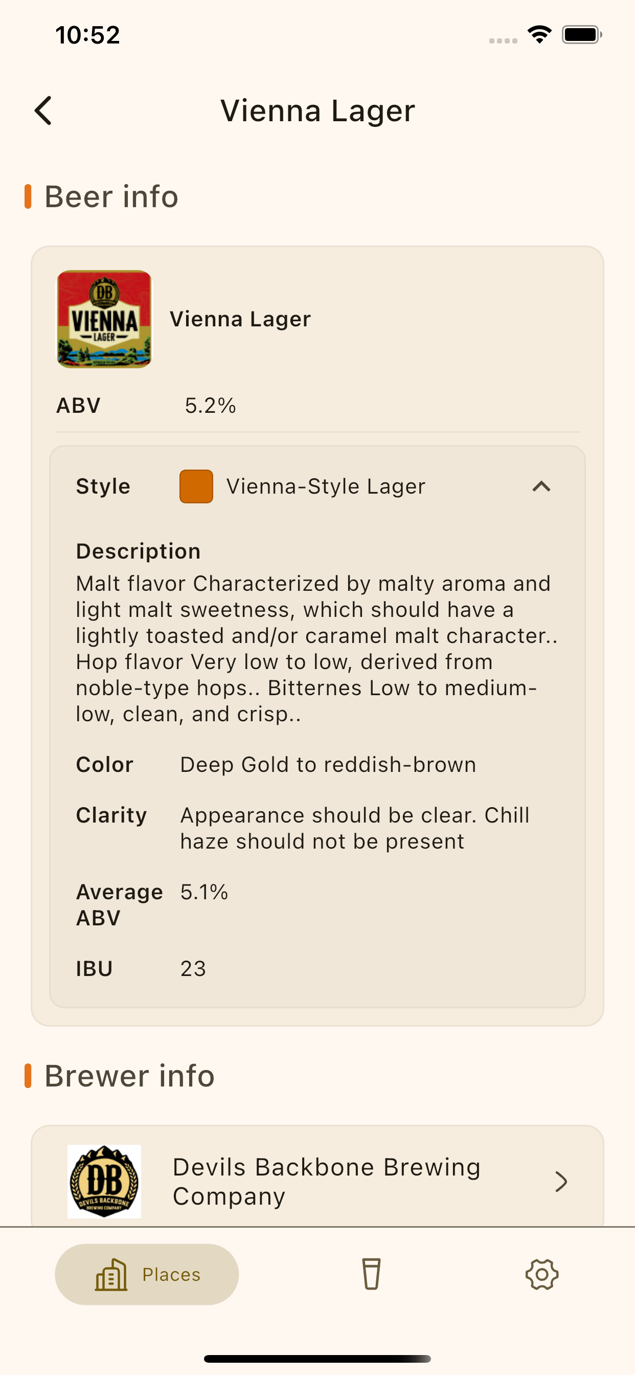 Beer detail page showing style, ABV, and IBU information