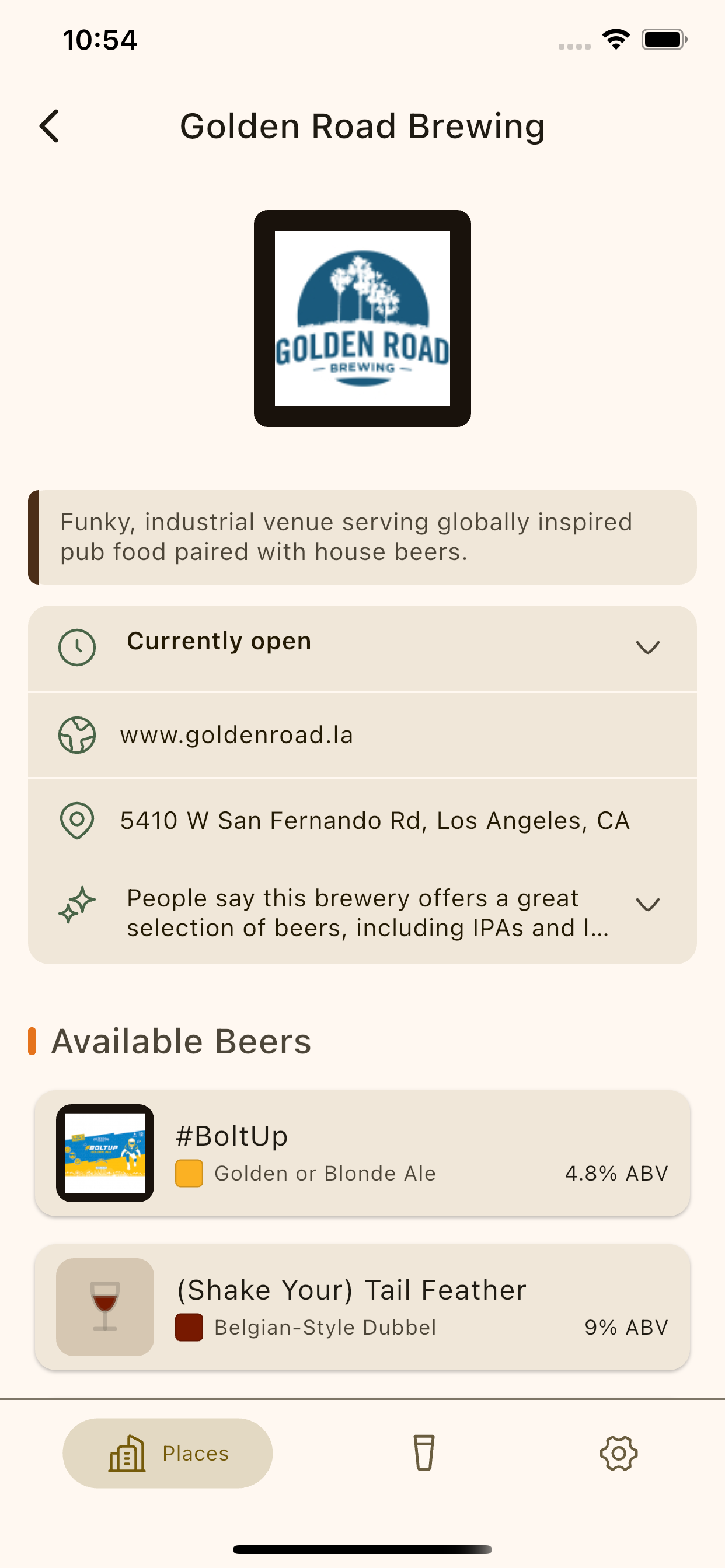 Brewery detail page showing brewery information and beers